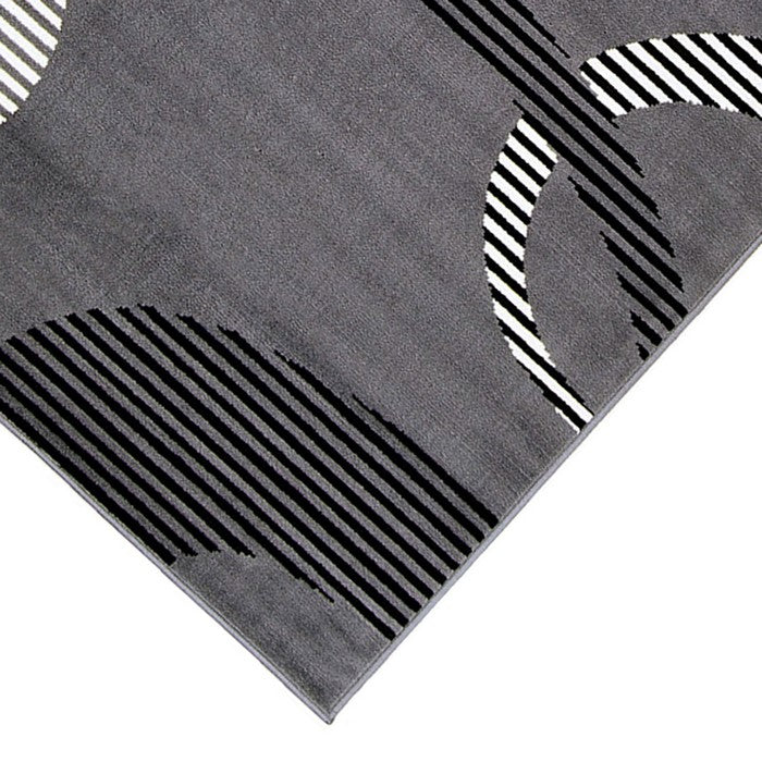 84 X 60 Inches Polyester Rug with Abstract Geometric Striped Rings, Gray and White