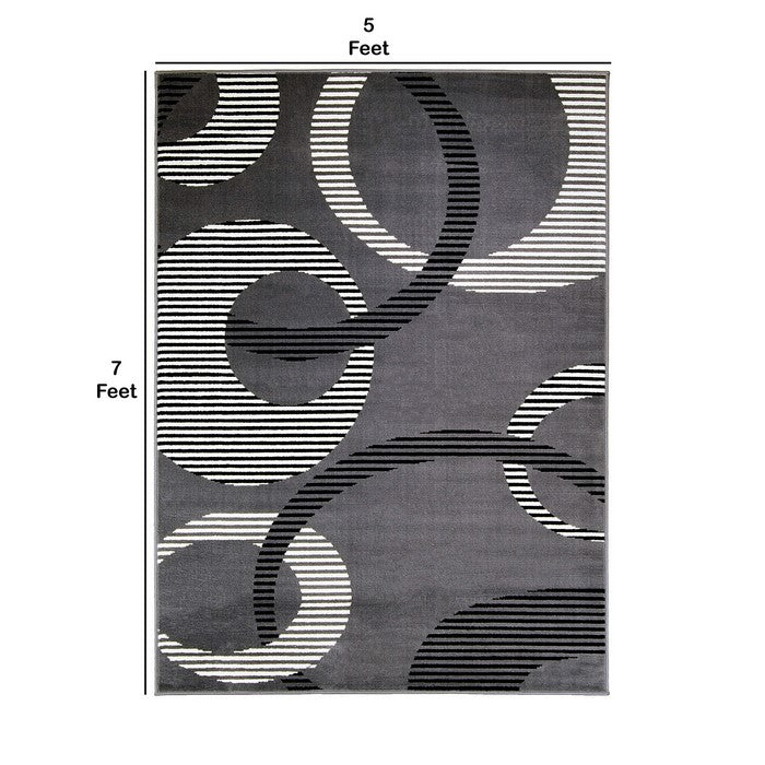 84 X 60 Inches Polyester Rug with Abstract Geometric Striped Rings, Gray and White