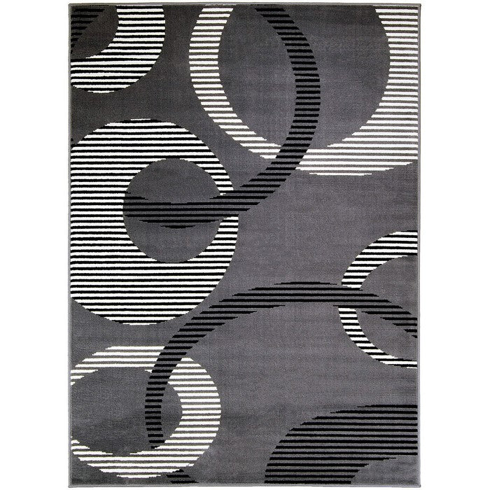 84 X 60 Inches Polyester Rug with Abstract Geometric Striped Rings, Gray and White