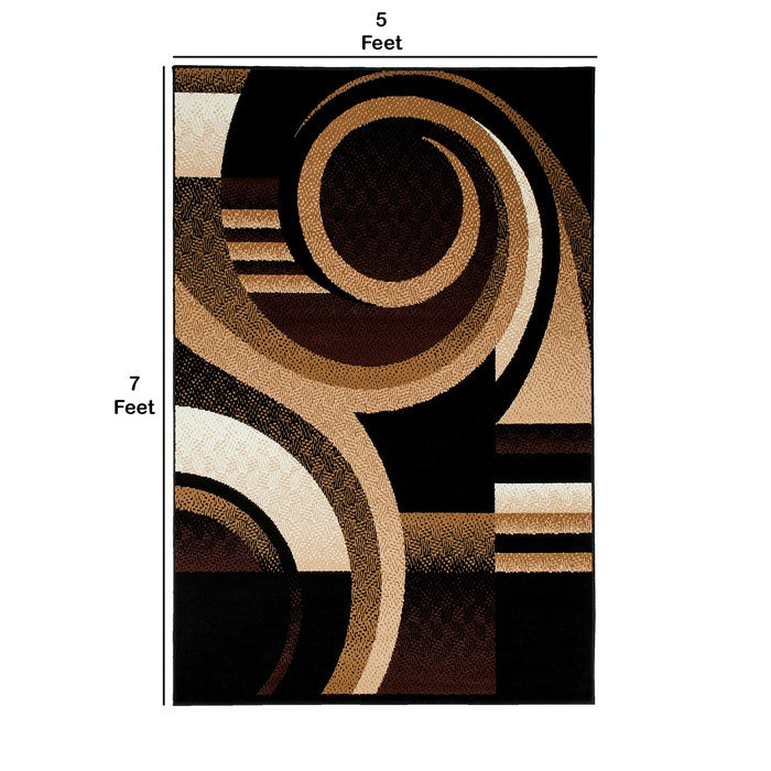 84 X 60 Inches Power Loom Polyester Rug with Swirl Print, Brown and Black