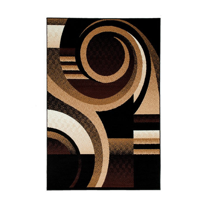 84 X 60 Inches Power Loom Polyester Rug with Swirl Print, Brown and Black