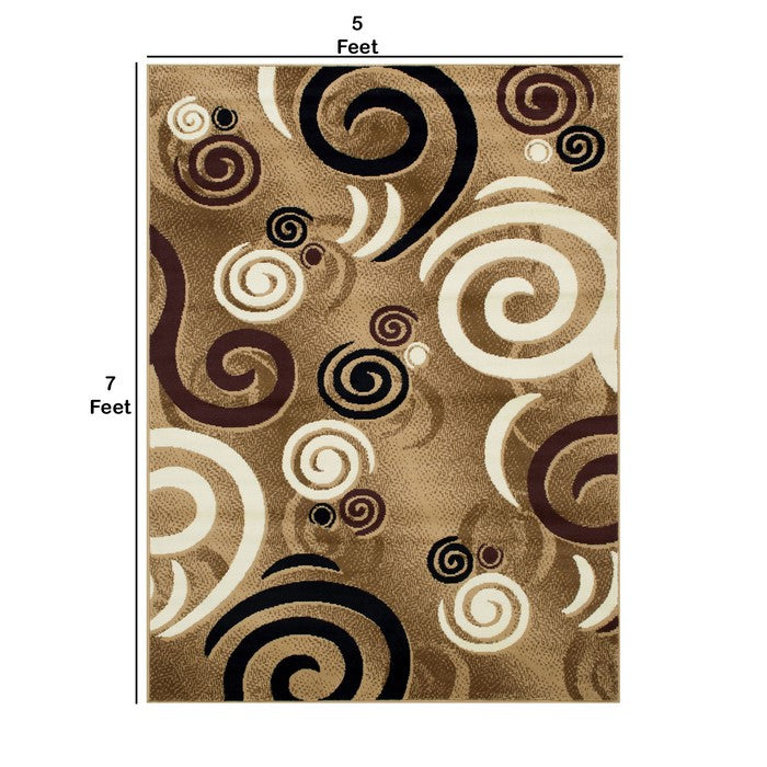 84 X 60 Inches Power Loom Polyester Rug with Abstract Looping Print, Brown