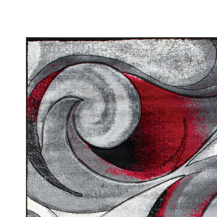 84 X 60 Inches Power Loom Polyester Rug with Curvaceous Line Print, Red and Gray