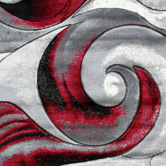 84 X 60 Inches Power Loom Polyester Rug with Curvaceous Line Print, Red and Gray