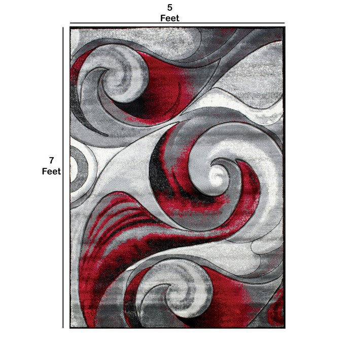 84 X 60 Inches Power Loom Polyester Rug with Curvaceous Line Print, Red and Gray