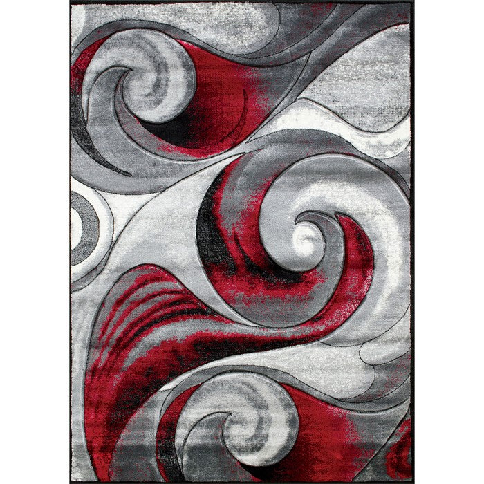 84 X 60 Inches Power Loom Polyester Rug with Curvaceous Line Print, Red and Gray