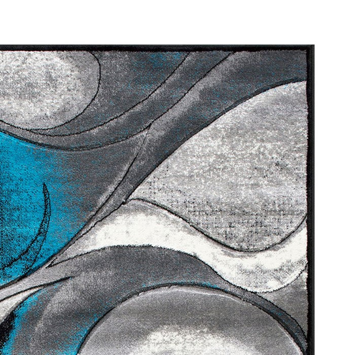 84 X 60 Inches Power Loom Polyester Rug with Curvaceous Line Print, Blue and Gray