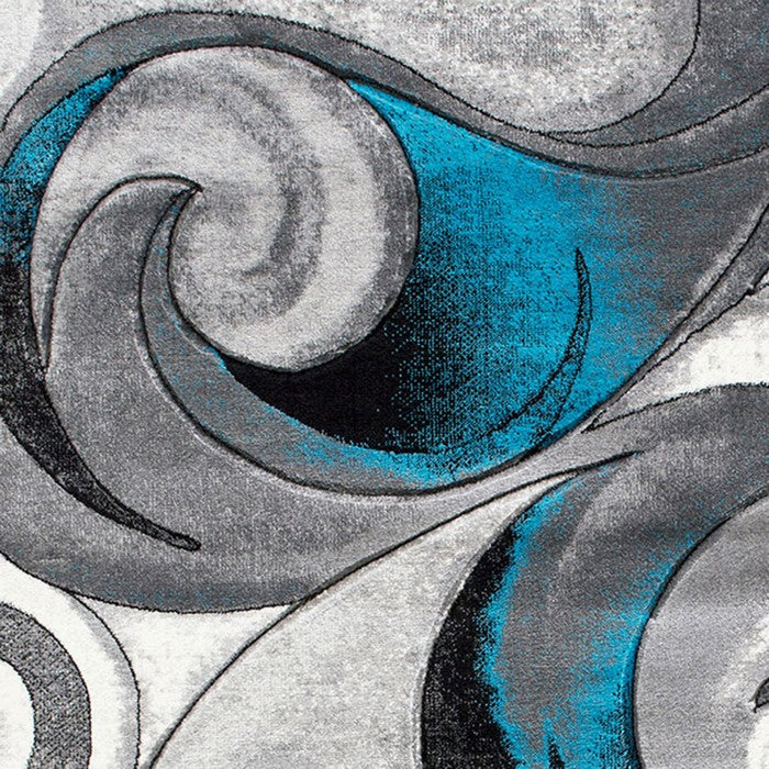 84 X 60 Inches Power Loom Polyester Rug with Curvaceous Line Print, Blue and Gray