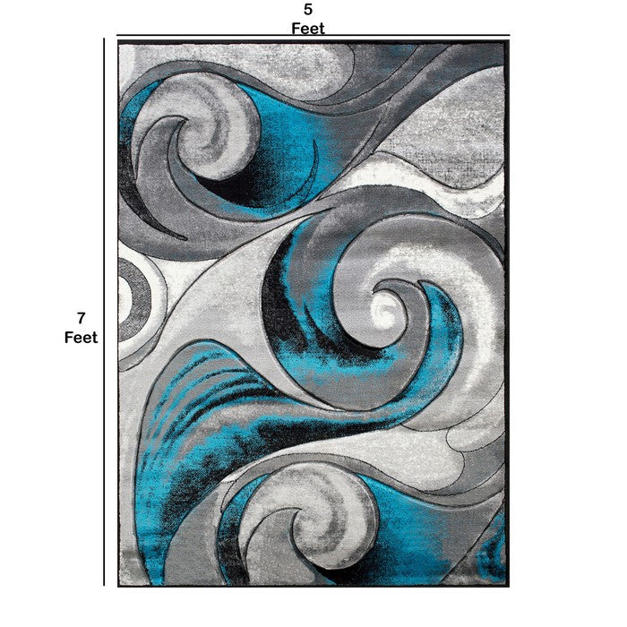 84 X 60 Inches Power Loom Polyester Rug with Curvaceous Line Print, Blue and Gray