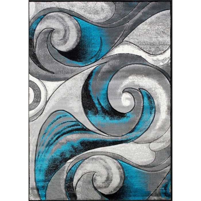 84 X 60 Inches Power Loom Polyester Rug with Curvaceous Line Print, Blue and Gray