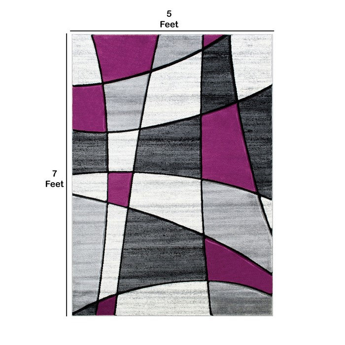 84 X 60 Inches Power Loom Polyester Rug with Line Breaking Print, Gray and Purple