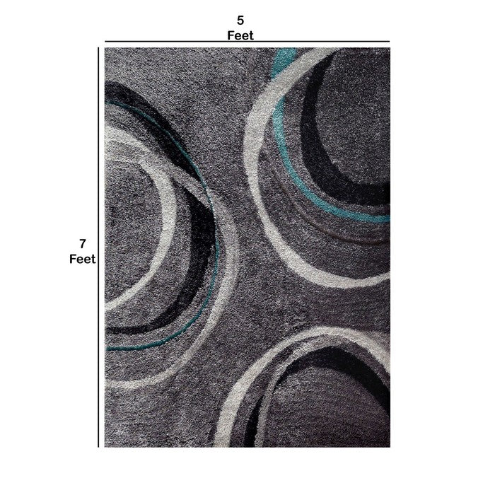 84 X 60 Inches Power Loom Polyester Rug with Abstract Curved Lines, Gray