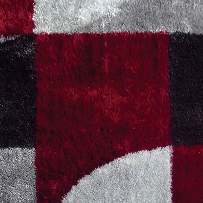 84 X 60 Inches Power Loom Polyester Rug with Abstract Curved Lines, Gray and Red