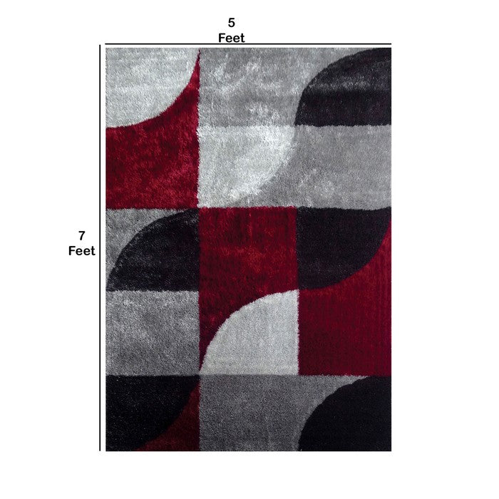 84 X 60 Inches Power Loom Polyester Rug with Abstract Curved Lines, Gray and Red