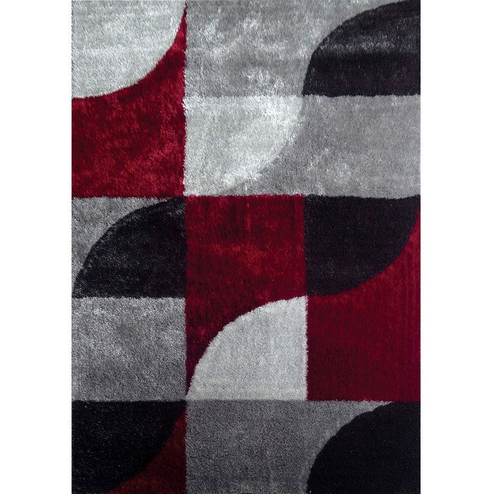 84 X 60 Inches Power Loom Polyester Rug with Abstract Curved Lines, Gray and Red
