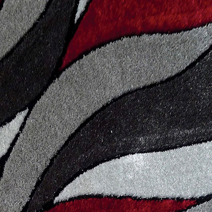 84 X 60 Inches Polyester Rug with Abstract Petal Print, Gray and Red