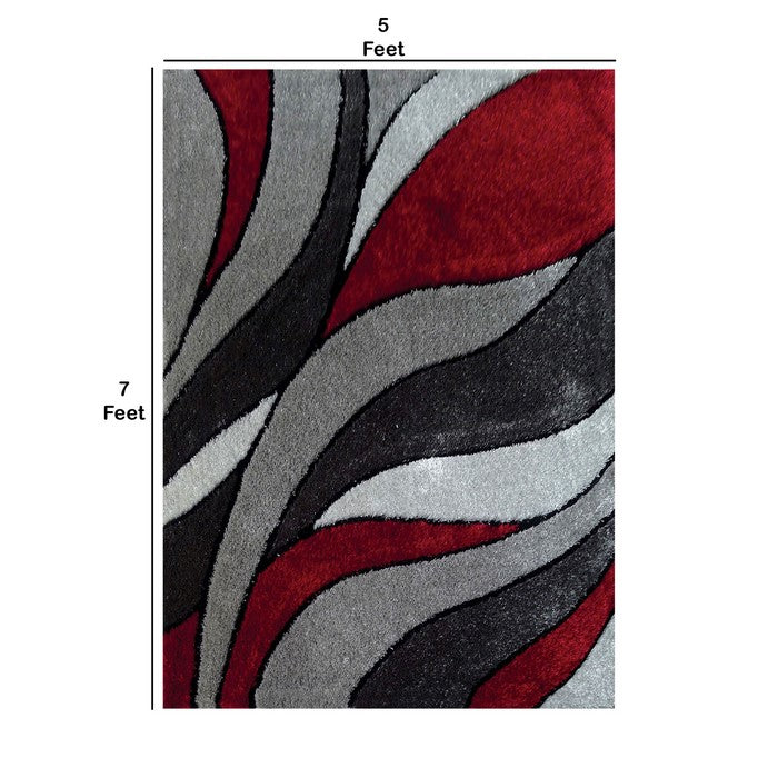 84 X 60 Inches Polyester Rug with Abstract Petal Print, Gray and Red