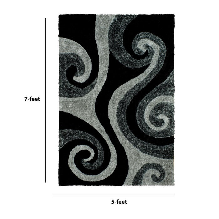 84 X 60 Inches Power Loomed Rug with 3 Dimensional Abstract Print, Gray and Black