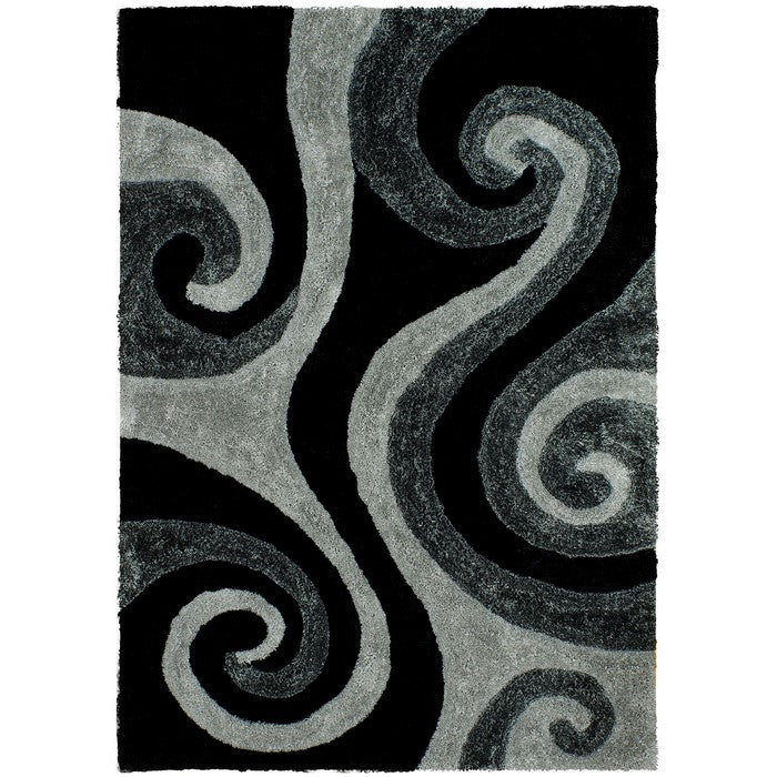 84 X 60 Inches Power Loomed Rug with 3 Dimensional Abstract Print, Gray and Black