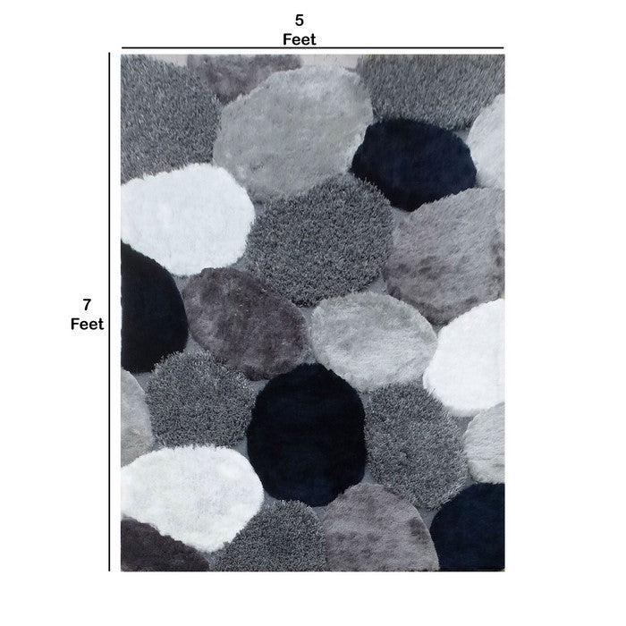84 X 60 Inches Power Loomed Rug with Patchwork Details, Gray and Navy Blue