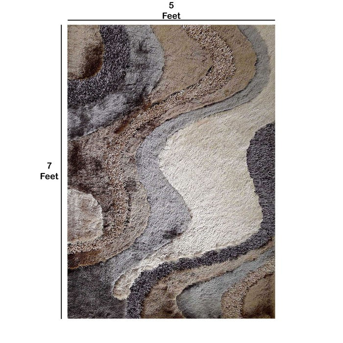 84 X 60 Inches Rug with Streamline Flow Print and Shaggy Texture, Brown and Gray