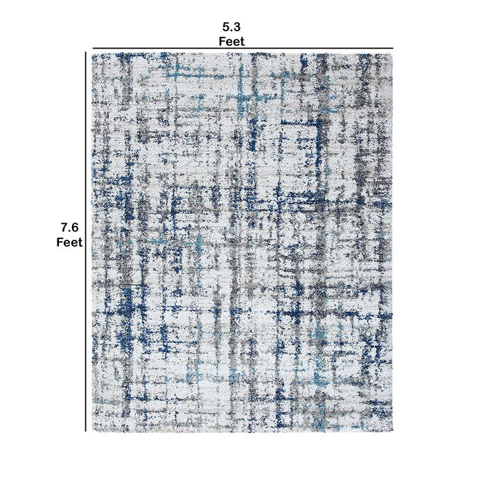 90 X 63 Inches Fabric Power Loomed Rug with Dripping Print, Blue and Off White