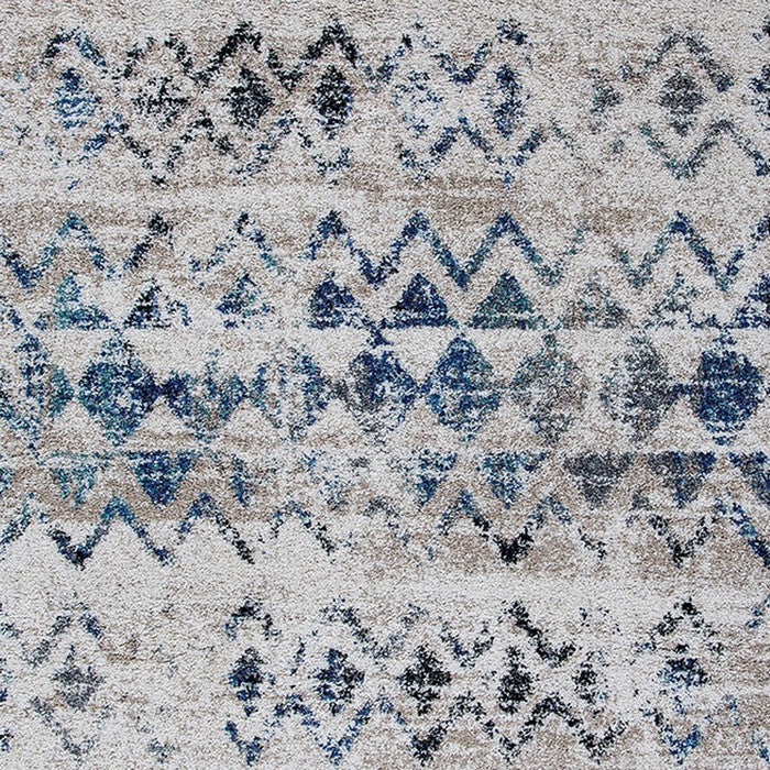90 X 63 Inches Fabric Power Loomed Rug with Chevron and Diamond Print, Blue and Gray