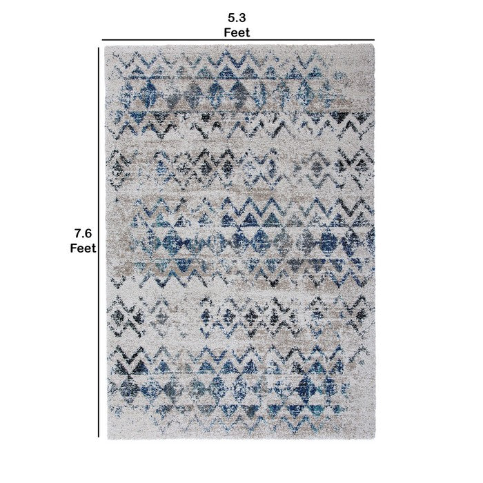 90 X 63 Inches Fabric Power Loomed Rug with Chevron and Diamond Print, Blue and Gray