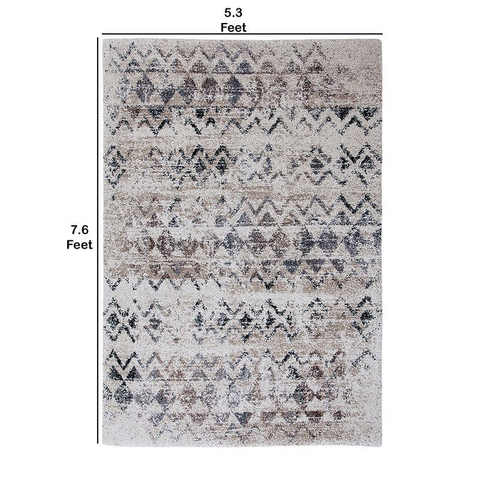 90 X 63 Inches Fabric Power Loomed Rug with Chevron and Diamond Print, Beige and Gray