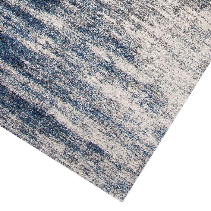 90 X 63 Inches Fabric Power Loomed Rug with Horizontal Stripes Print, Blue and Beige