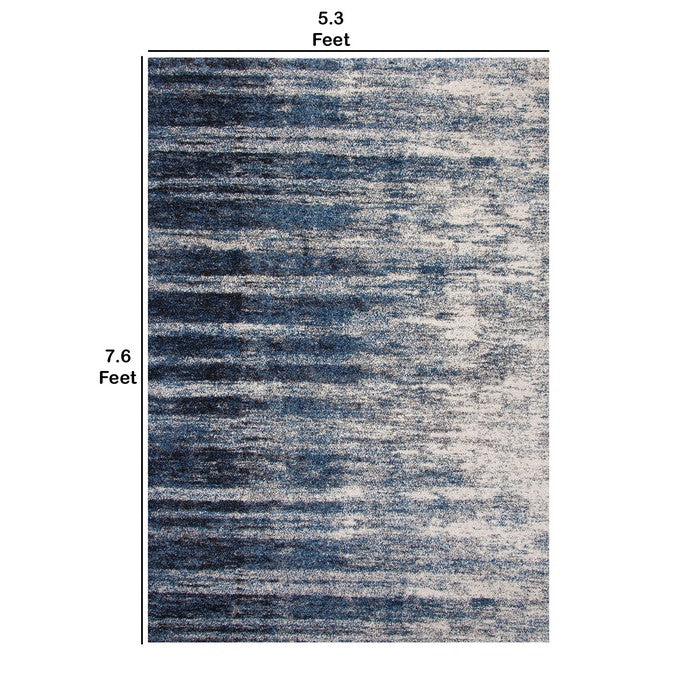 90 X 63 Inches Fabric Power Loomed Rug with Horizontal Stripes Print, Blue and Beige