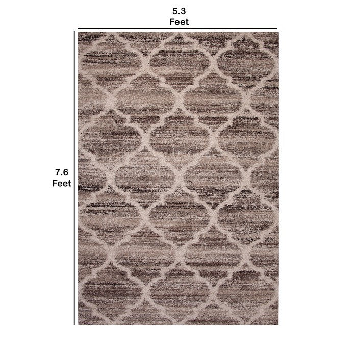 90 X 63 Inches Fabric Power Loomed Rug with Quatrefoil Print, Brown and Beige