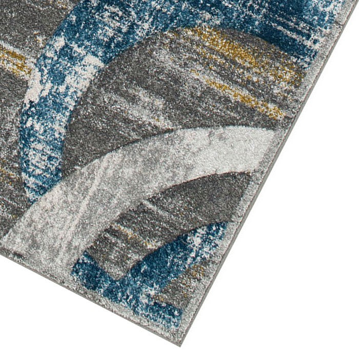 84 X 60 Inches Polypropylene Power Loomed Rug with Abstract Ring Pattern, Blue and Gray