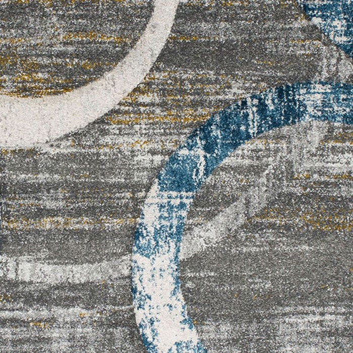 84 X 60 Inches Polypropylene Power Loomed Rug with Abstract Ring Pattern, Blue and Gray