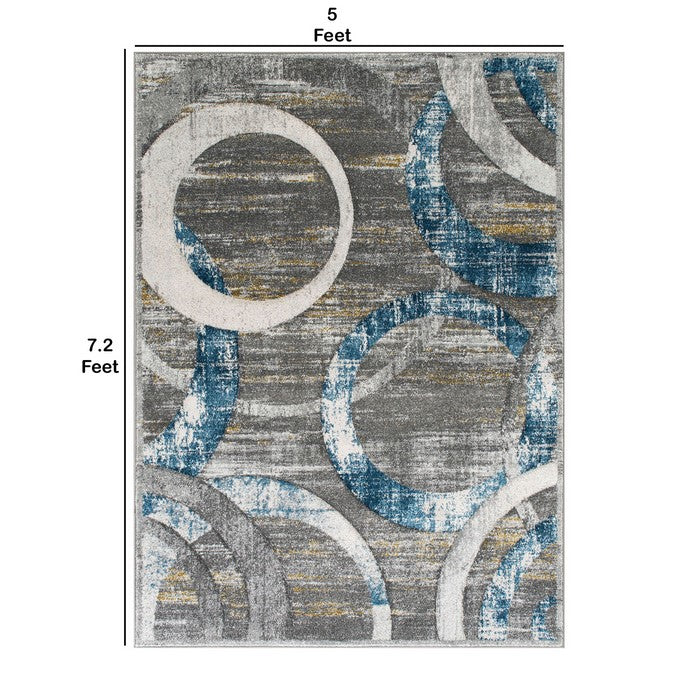 84 X 60 Inches Polypropylene Power Loomed Rug with Abstract Ring Pattern, Blue and Gray