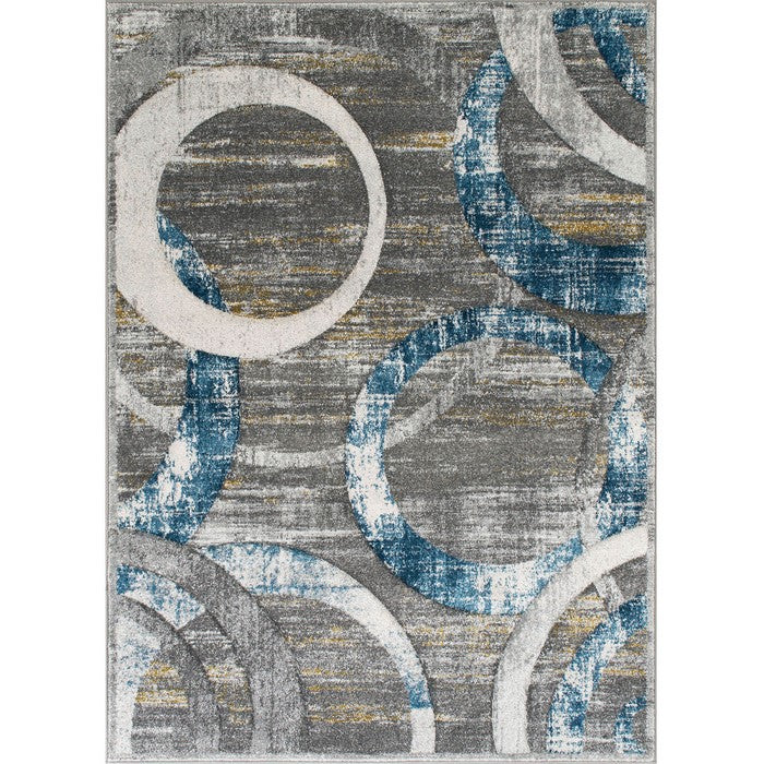 84 X 60 Inches Polypropylene Power Loomed Rug with Abstract Ring Pattern, Blue and Gray