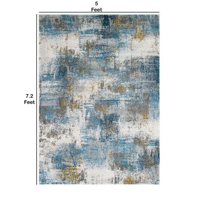 84 X 60 Inches Polypropylene Power Loomed Rug with Abstract Print, Blue and Copper