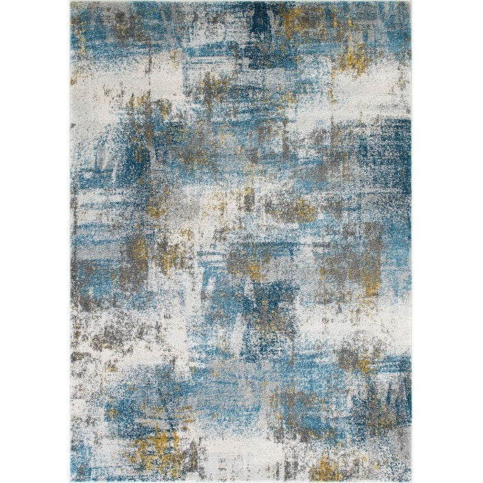 84 X 60 Inches Polypropylene Power Loomed Rug with Abstract Print, Blue and Copper