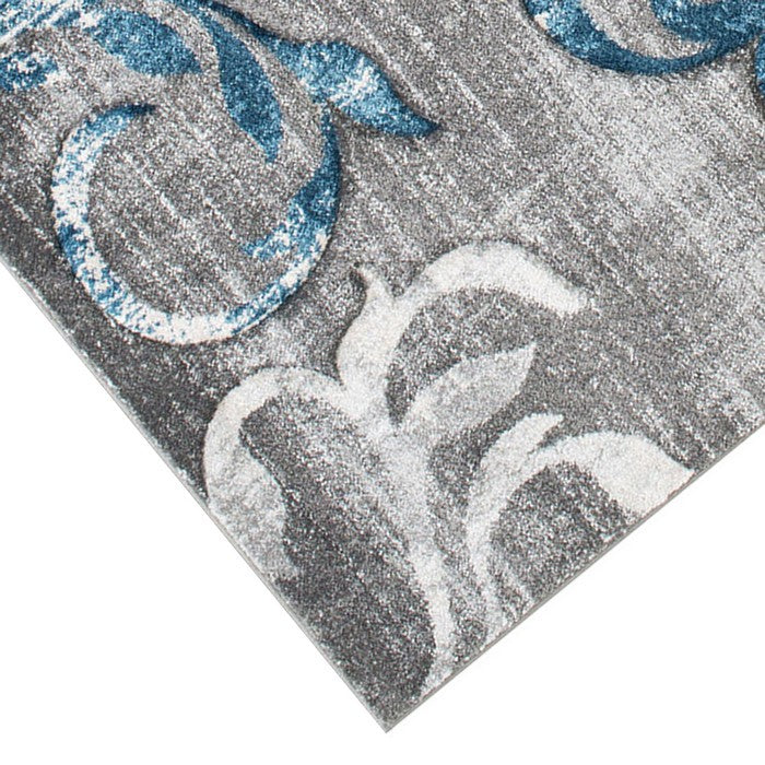 84 X 60 Inches Power Loomed Rug with Abstract Filigree Print, Blue and Gray