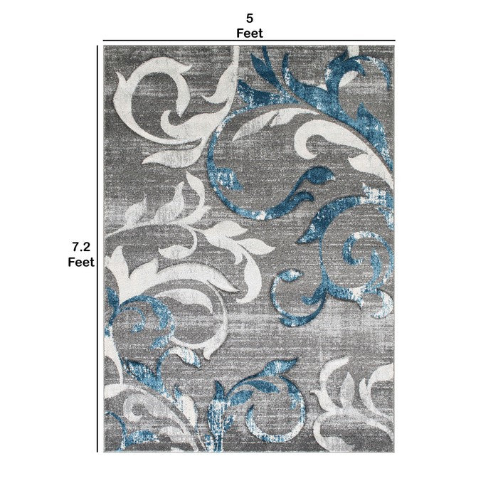 84 X 60 Inches Power Loomed Rug with Abstract Filigree Print, Blue and Gray