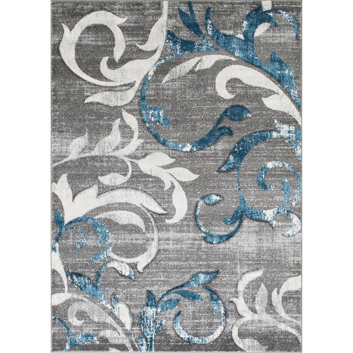 84 X 60 Inches Power Loomed Rug with Abstract Filigree Print, Blue and Gray