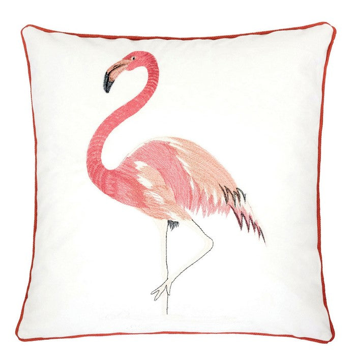 20 X 20 Inches Flamingo Embroidered Polyester Accent Pillow, Set of 2, White and Red