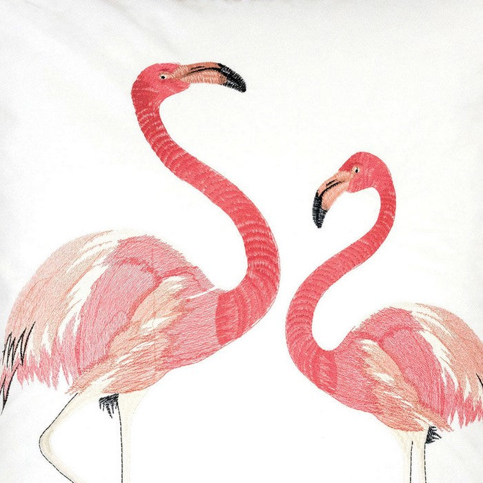 20 X 20 Inches Flamingoes Embroidered Polyester Accent Pillow, Set of 2,White and Red