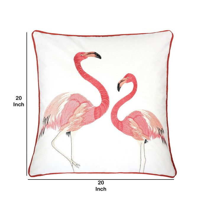 20 X 20 Inches Flamingoes Embroidered Polyester Accent Pillow, Set of 2,White and Red