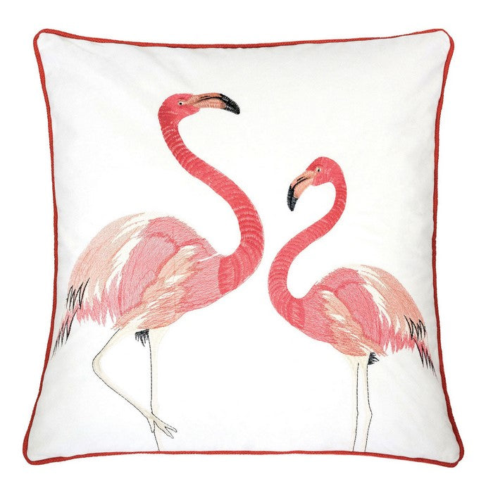 20 X 20 Inches Flamingoes Embroidered Polyester Accent Pillow, Set of 2,White and Red