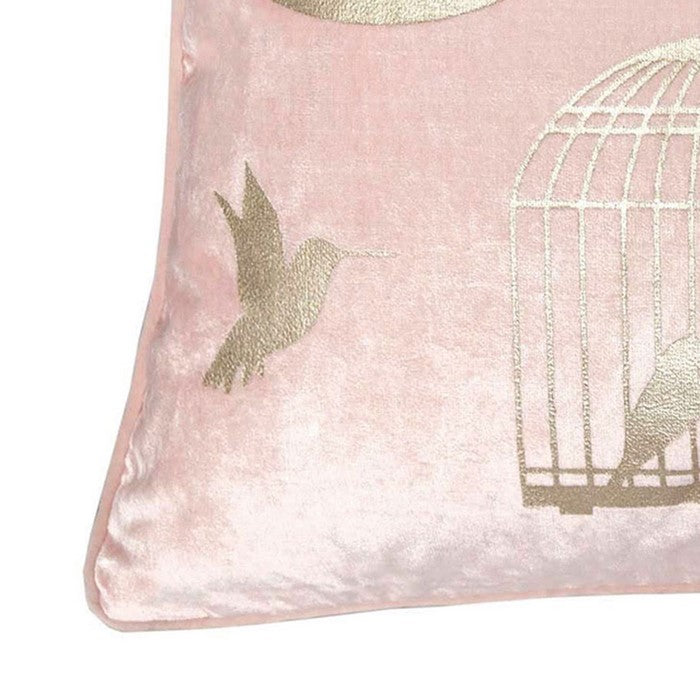 20 X 20 Inches Bird and Bird Cage Print Velvet Accent Pillow, Set of 2, Pink and Gold