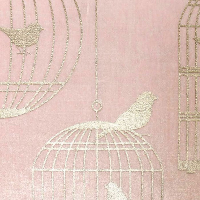 20 X 20 Inches Bird and Bird Cage Print Velvet Accent Pillow, Set of 2, Pink and Gold