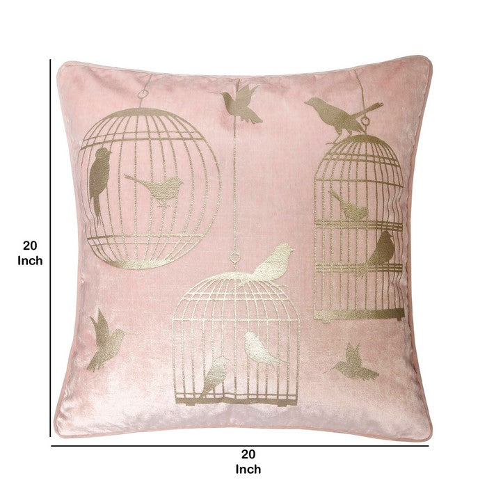 20 X 20 Inches Bird and Bird Cage Print Velvet Accent Pillow, Set of 2, Pink and Gold