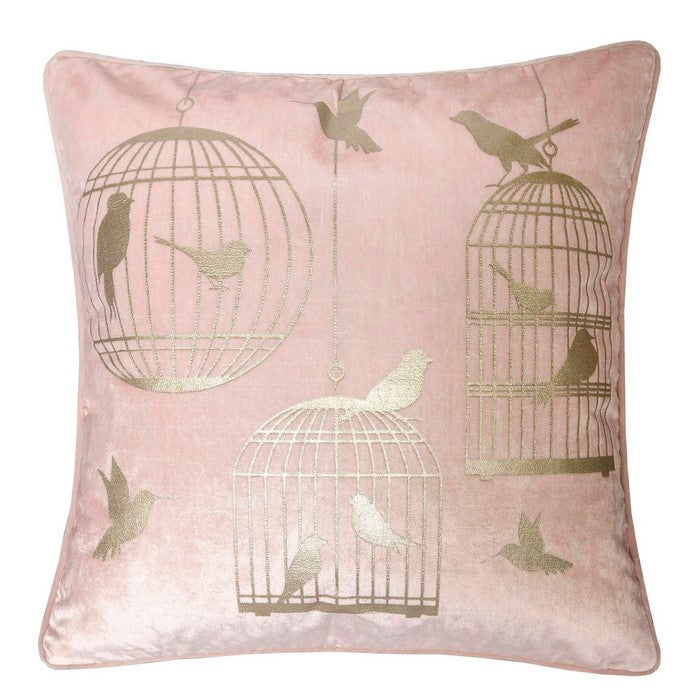 20 X 20 Inches Bird and Bird Cage Print Velvet Accent Pillow, Set of 2, Pink and Gold