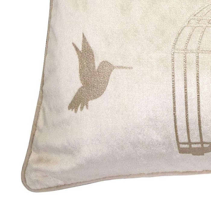 20 X 20 Inches Bird and Cage Print Velvet Accent Pillows, Set of 2, Beige and Gold
